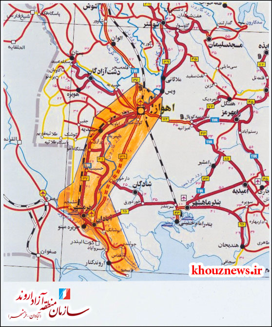نقشه مصوب تردد خودروهای پلاک اروند تا مرکز استان (اهواز)